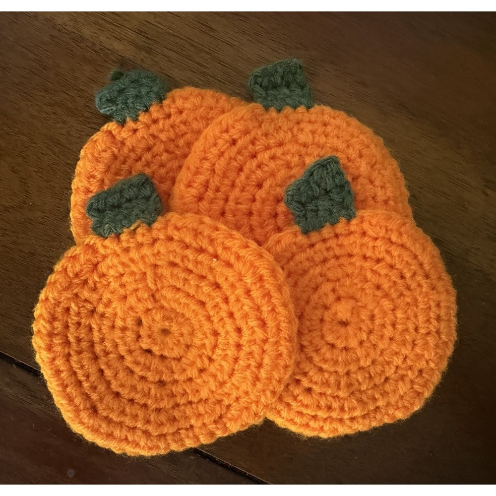 Handmade Crochet Orange Pumpkin Coasters Set of 4 Fall Thanksgiving Halloween